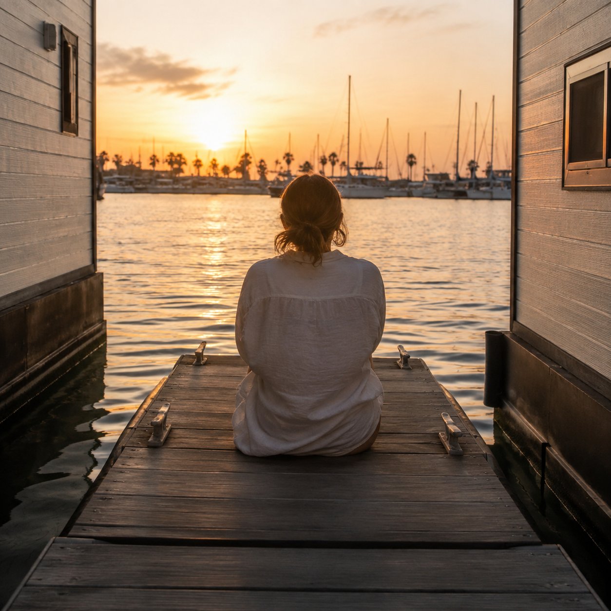 Persona en calma sentada en el muelle entre las casas flotantes al atardecer