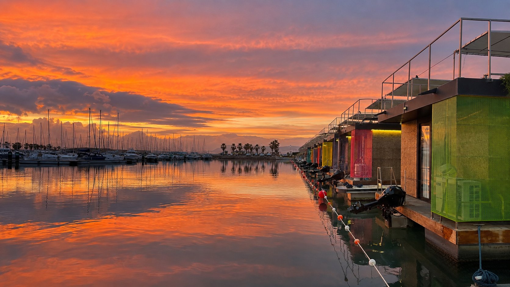 Casas flotantes de Boat Haus al atardecer